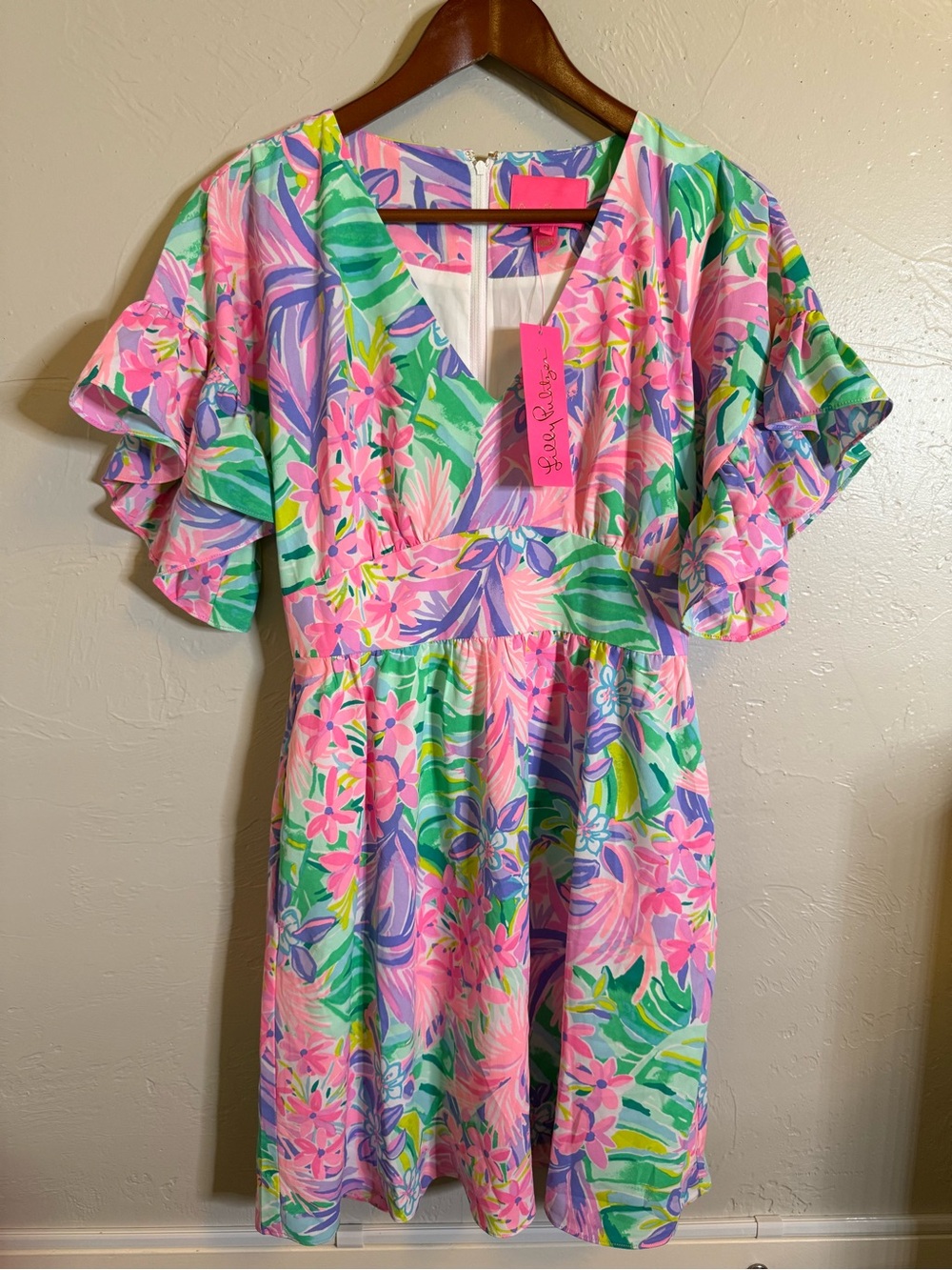 Lilly Pulitzer Pink Green Purple Floral V-Neck Flutter Dress